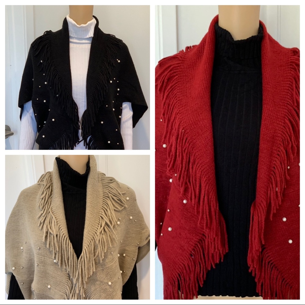 Fun Fringe Cape with sleeves. pearl embellished